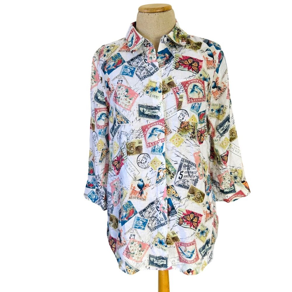 Chicos Women's Sz M Shirt Stamps & Butterfly Print 3/4 Sleeves Multicolor